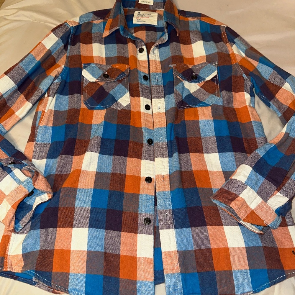 American Eagle Outfitters Blue and Orange Flannel Shirt